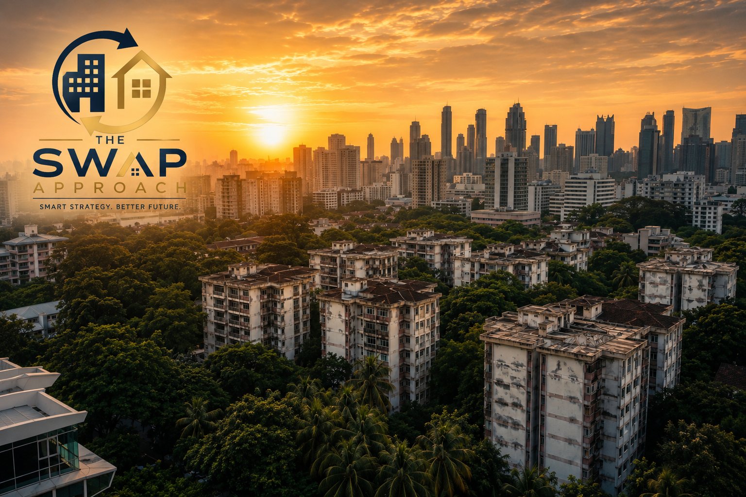 Singapore en bloc ageing condominiums cityscape at sunset
